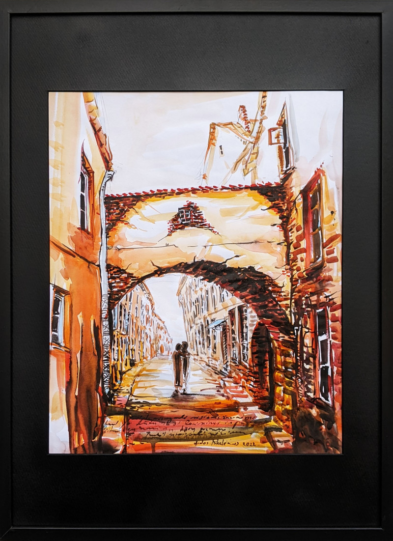 Two Under the Arch original painting by Aidas Mikelėnas. Urbanistic - Cityscape