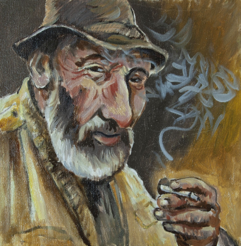 Smoking Old Man original painting by Vidmantas Jažauskas. Paintings With People