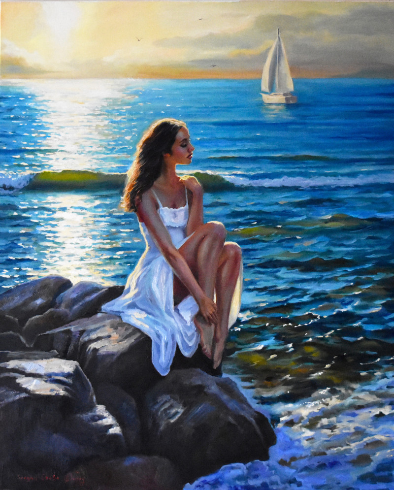 Serghei Ghetiu tapytas paveikslas The Sunset on the Sea, Tapyba su žmonėmis , paveikslai internetu