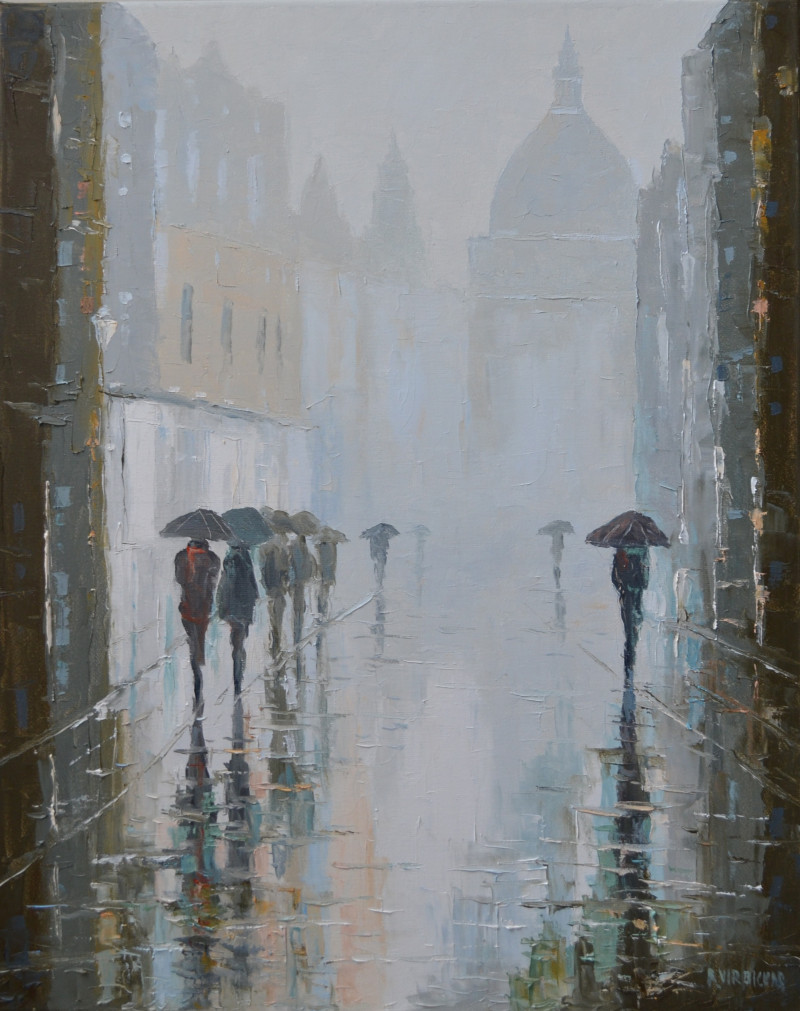Rainy Morning original painting by Rimantas Virbickas. Urbanistic - Cityscape