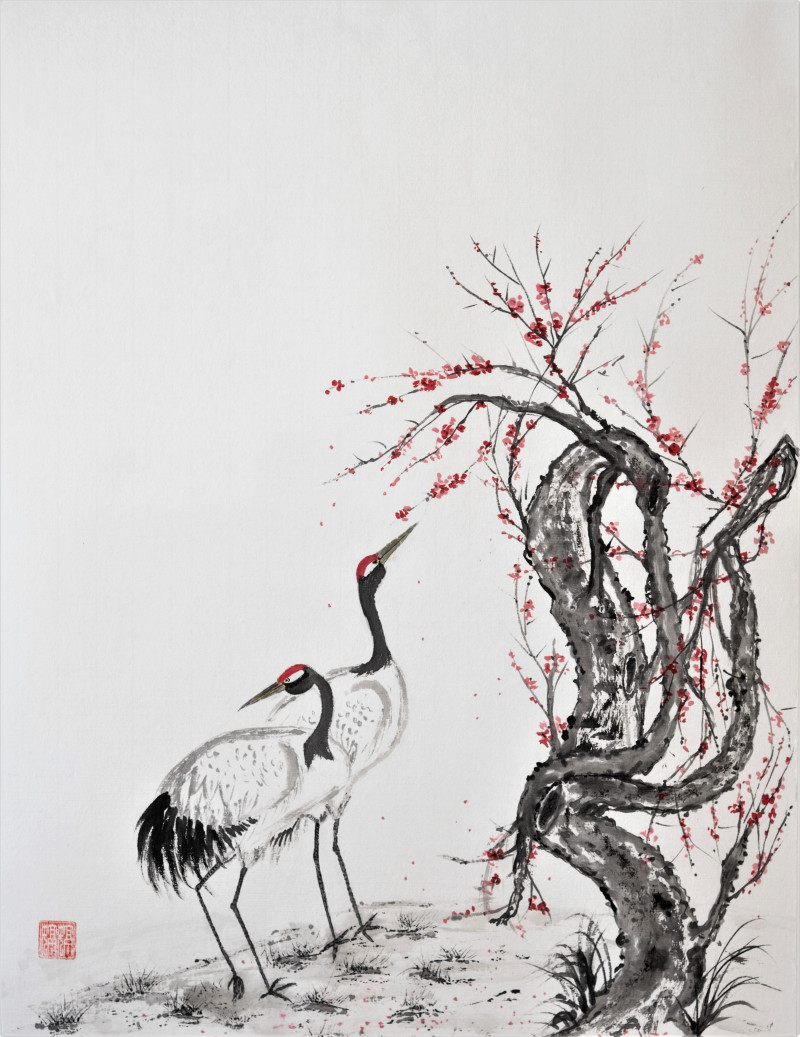 Cranes by the Old Plum Tree original painting by Indrė Beinartė. Animalistic Paintings