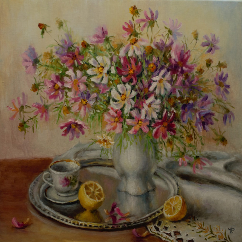 Tea with Lemon original painting by Irma Pažimeckienė. Still-Life