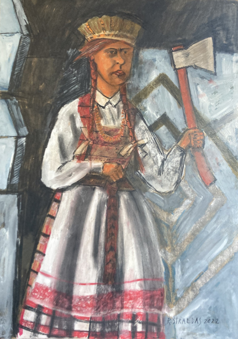Lithuanian Girl at the Door. With Crown and Axe original painting by Robertas Strazdas. Paintings With People