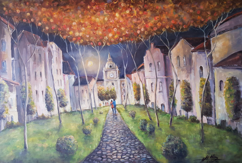 When the Clock Is Counting The Heartbeats. City Garden - 3 original painting by Voldemaras Valius. For Romantics
