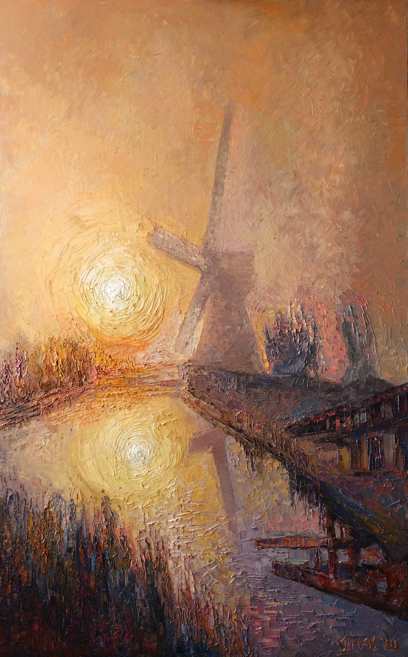 Mill at Dawn original painting by Simonas Gutauskas. Landscapes