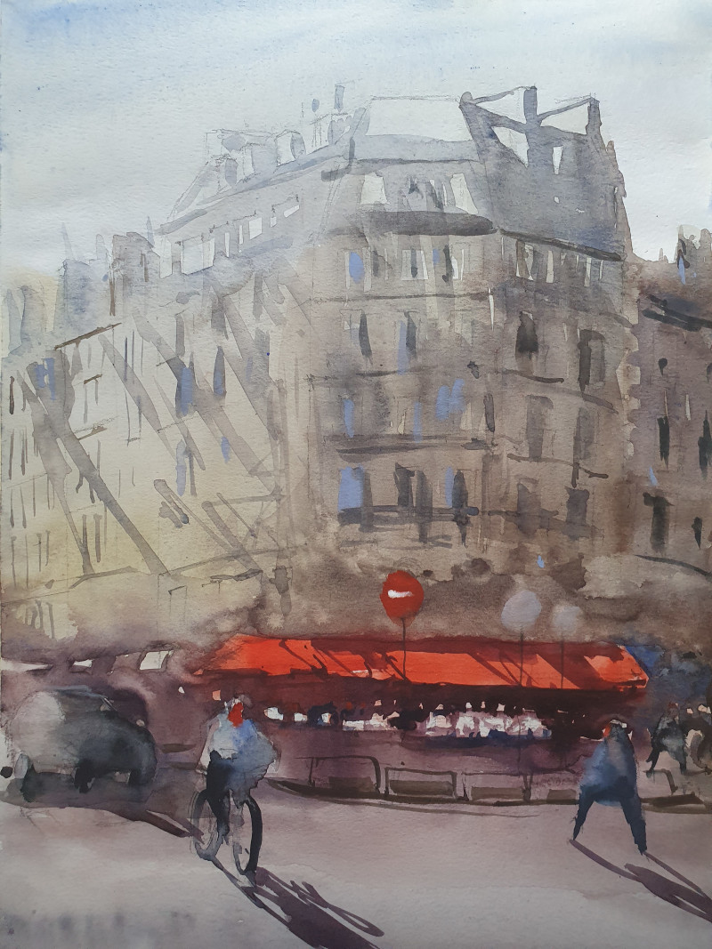 Red original painting by Raimonda Rauluševičienė. Urbanistic - Cityscape