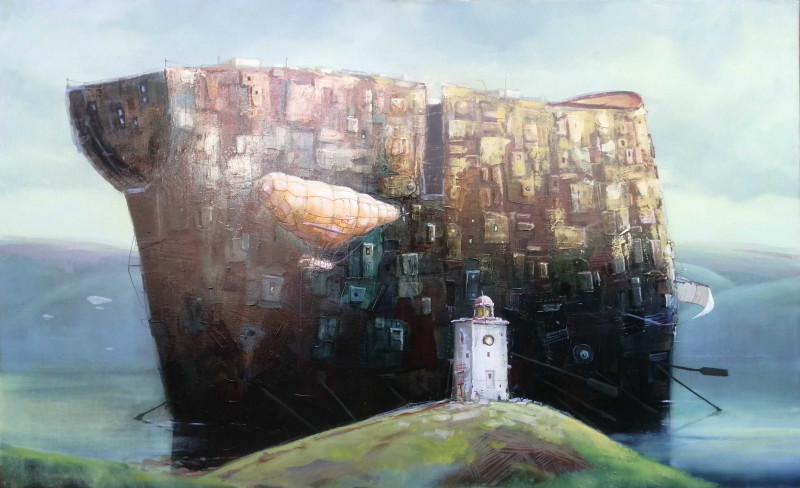 Modestas Malinauskas tapytas paveikslas Keliaujantis miestas, Fantastiniai paveikslai , paveikslai internetu