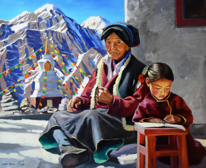 A usual day in Tibet original painting by Serghei Ghetiu. Paintings With People