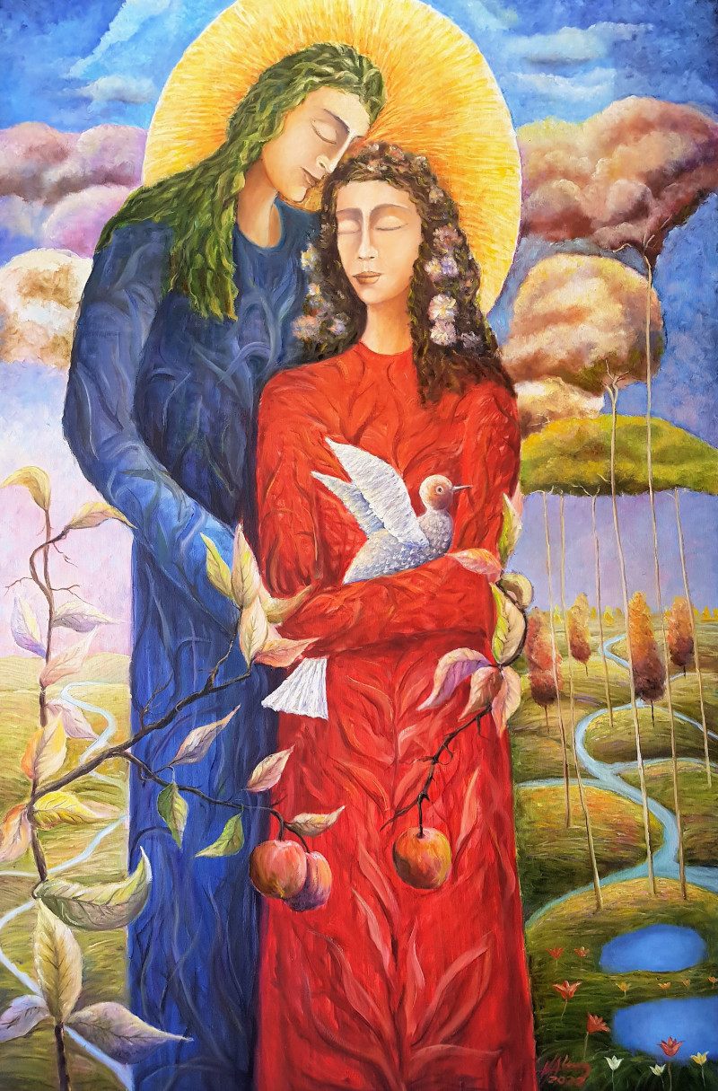 In Eden Garden (Adam and Eve) original painting by Voldemaras Valius. Fantastic