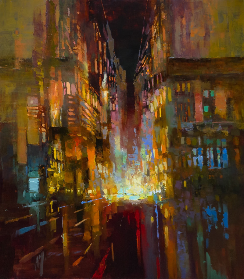 Night Lights original painting by Aleksandr Jerochin. Urbanistic - Cityscape