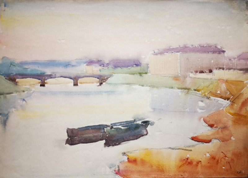 Žvėrynas Bridge (1961) original painting by Kazys Abramavičius. Paintings with Vilnius (Vilnius)