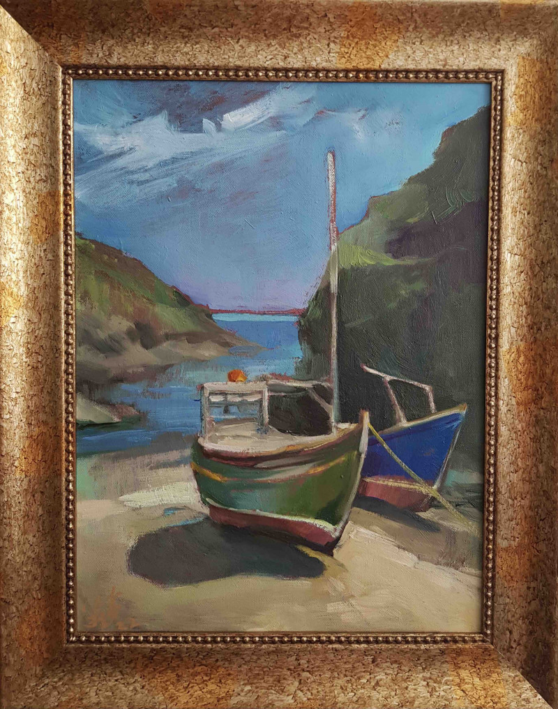 Boats original painting by Rita Krupavičiūtė. Marine Art