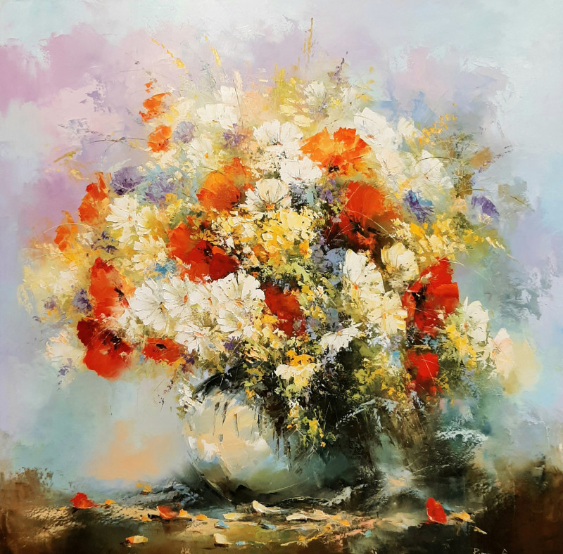 Bouquet original painting by Rimantas Grigaliūnas. Talk Of Flowers