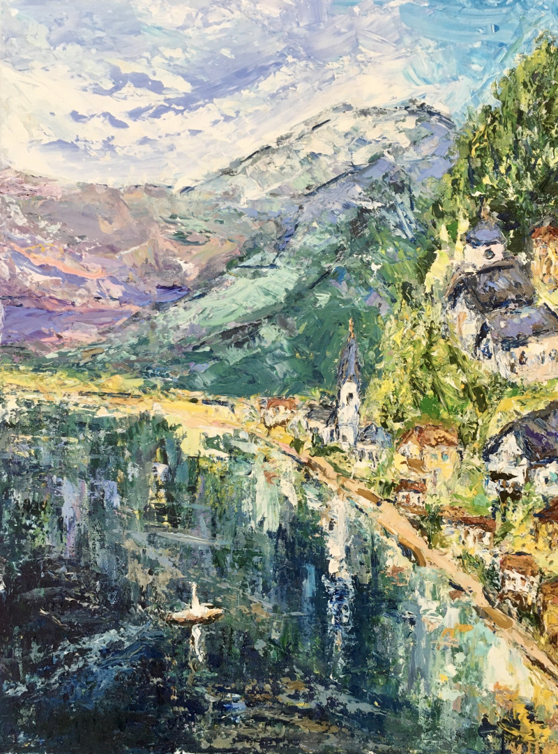 A View Of Hallstatt original painting by Vilma Gataveckienė. Landscapes