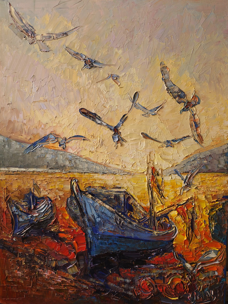 Simonas Gutauskas tapytas paveikslas Žvejų laiveliai, Peizažai , paveikslai internetu