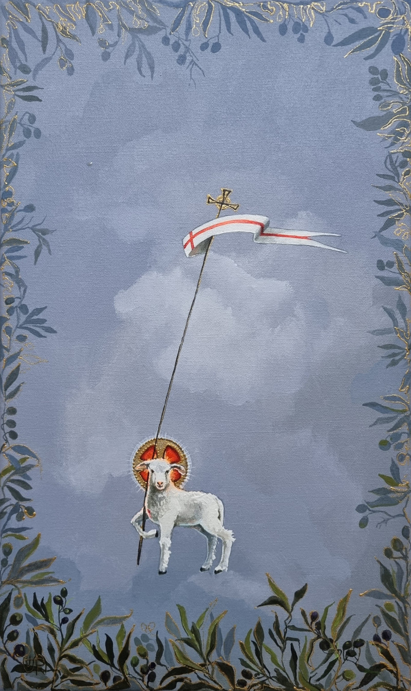 Lamb of God - Give Us Peace original painting by Rasa Tamošiūnienė. Sacral