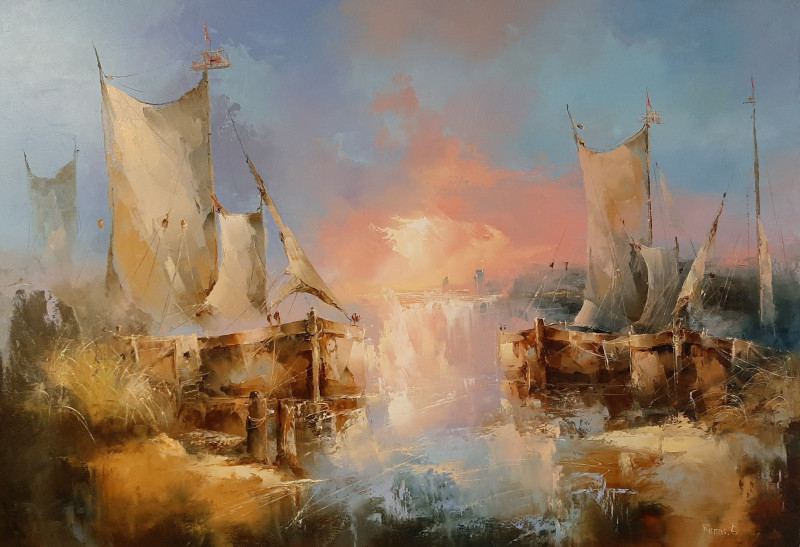 Curonian Ships original painting by Rimantas Grigaliūnas. Marine Art