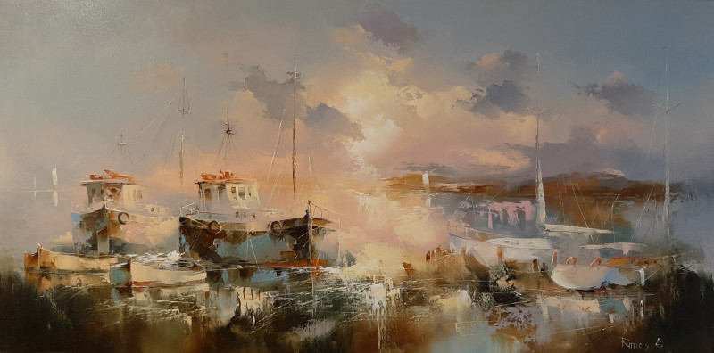By the Coast original painting by Rimantas Grigaliūnas. Marine Art