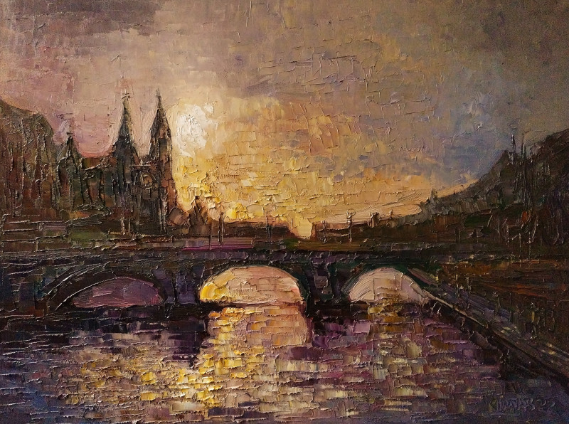 Bridge to the city original painting by Simonas Gutauskas. Landscapes