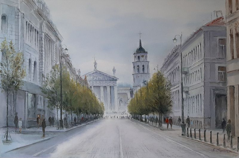 Gediminas Avenue. Spring original painting by Aleksandras Lysiukas. Paintings with Vilnius (Vilnius)