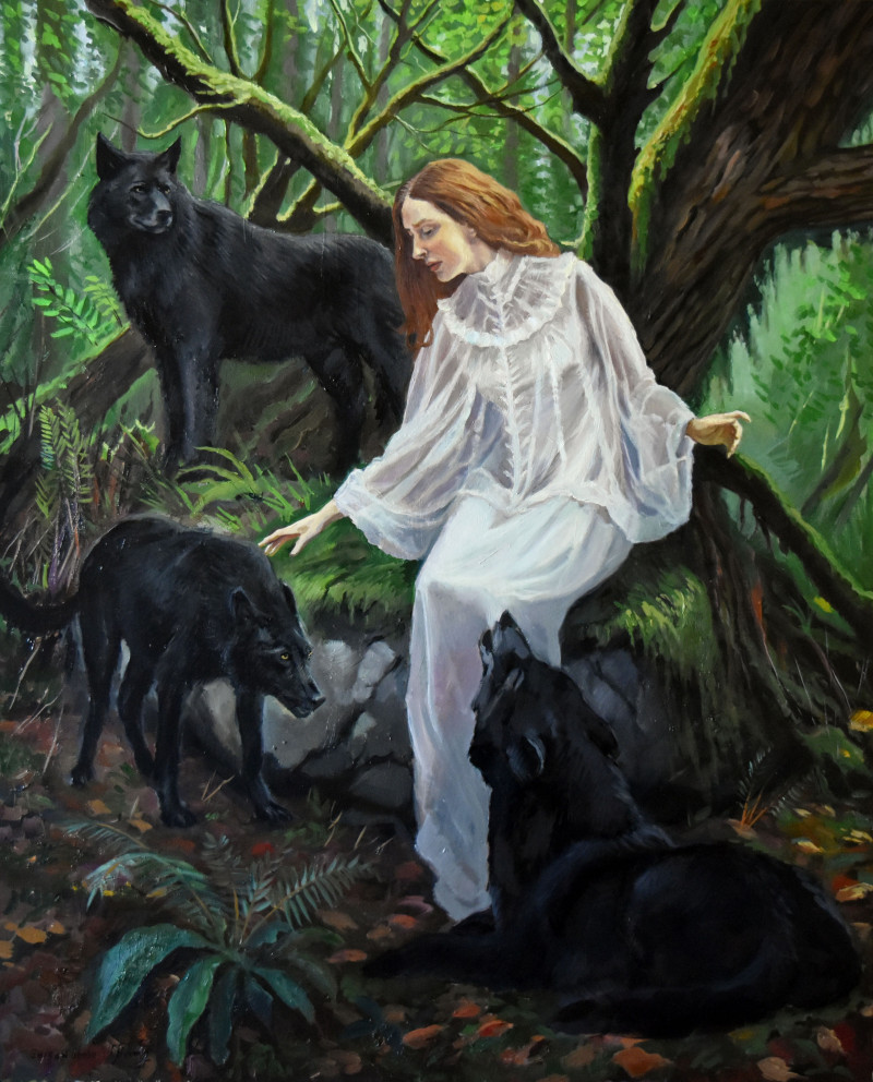 Serghei Ghetiu tapytas paveikslas THE FOREST FAIRY AND HER BLACK WOLVES, Animalistiniai paveikslai , paveikslai internetu