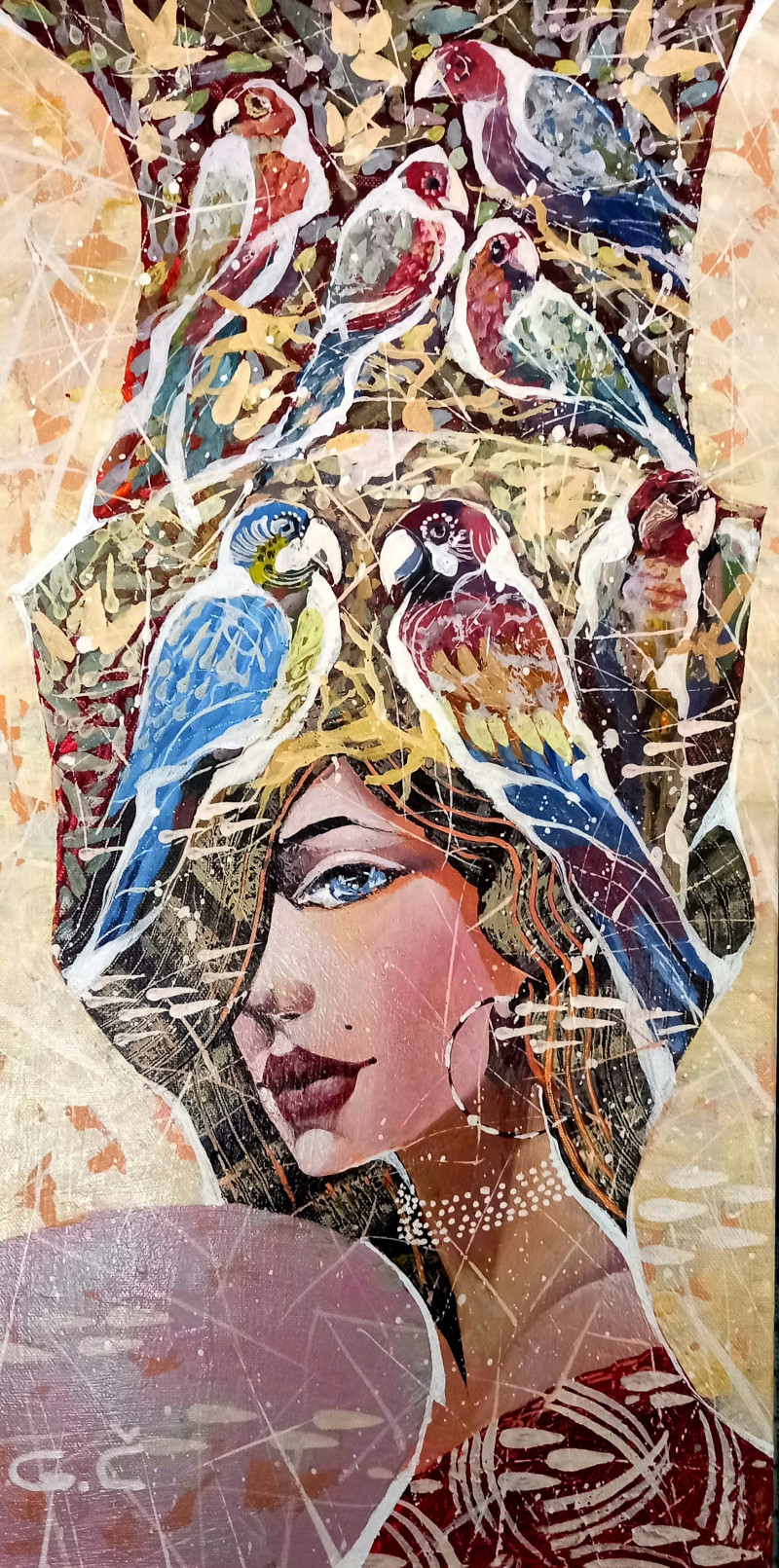 Lady with Parrots original painting by Česlovas Grigonis. Freed Fantasy