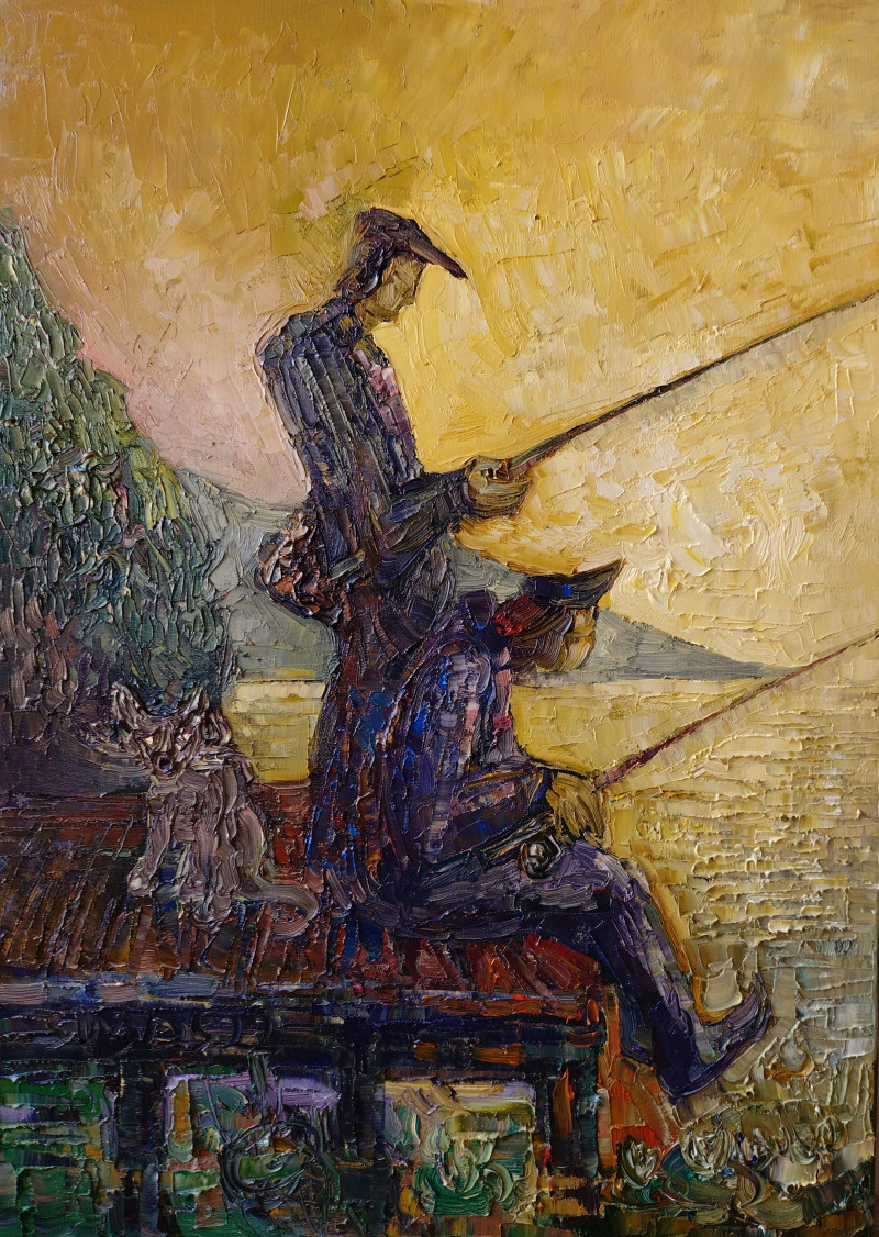 Fishermen on the Pier original painting by Simonas Gutauskas. For Art Collectors