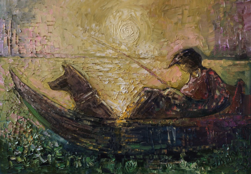 Two in a Boat original painting by Simonas Gutauskas. Marine Art