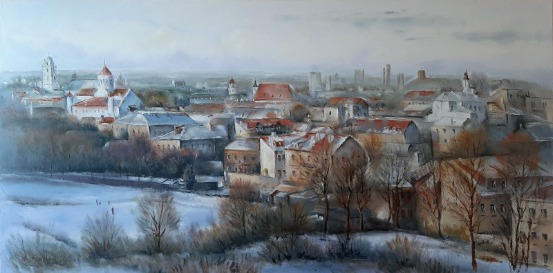 Vilnius panorama original painting by Aleksandras Lysiukas. Urbanistic - Cityscape
