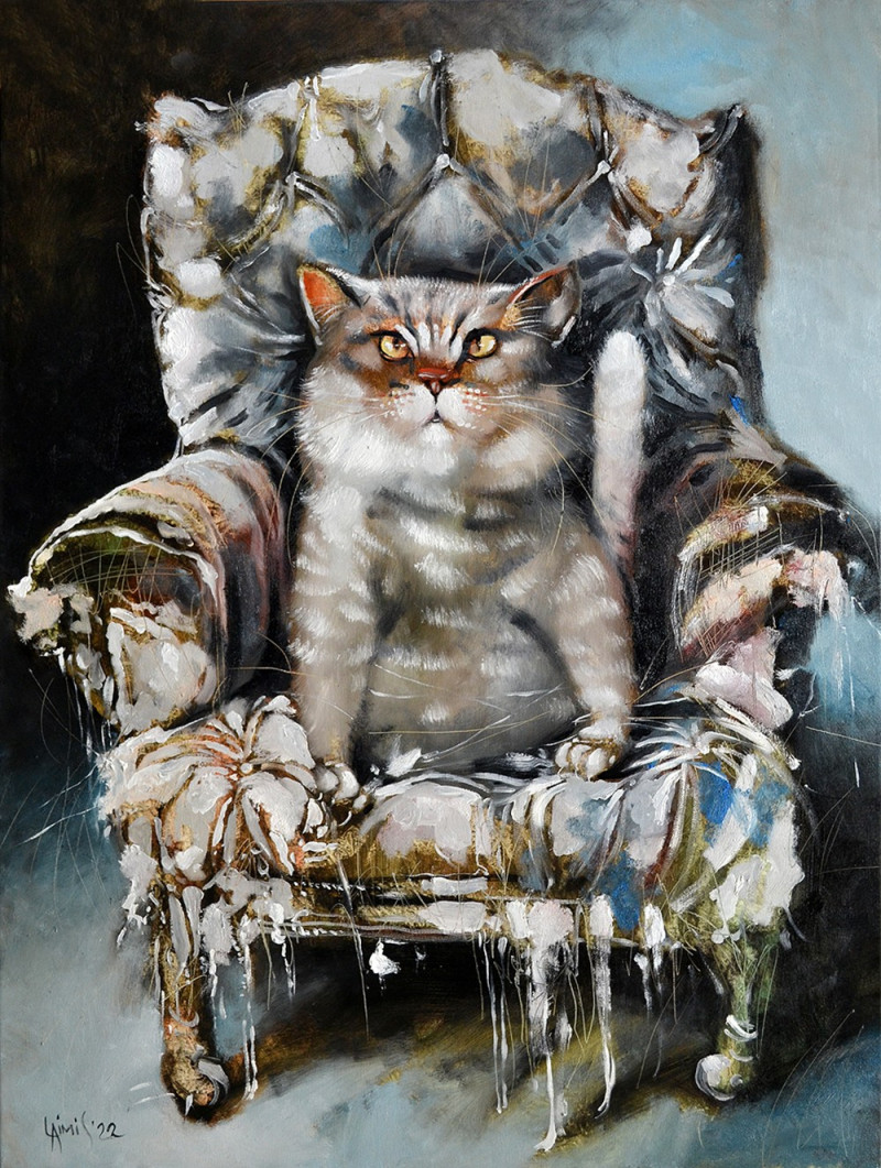 In an uneven fight, chair lost original painting by Laimonas Šmergelis. Animalistic Paintings