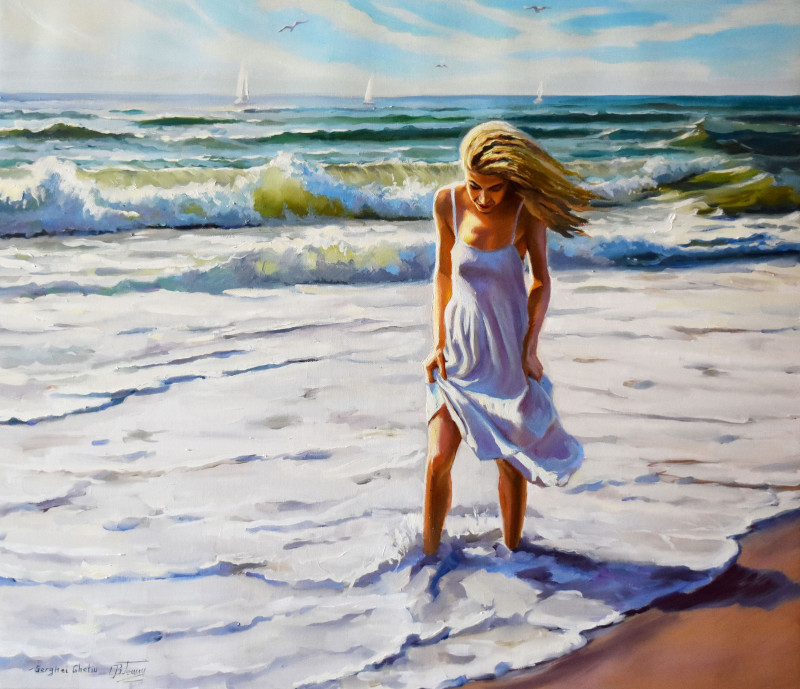 WALKING ON THE BEACH original painting by Serghei Ghetiu. Marine Art