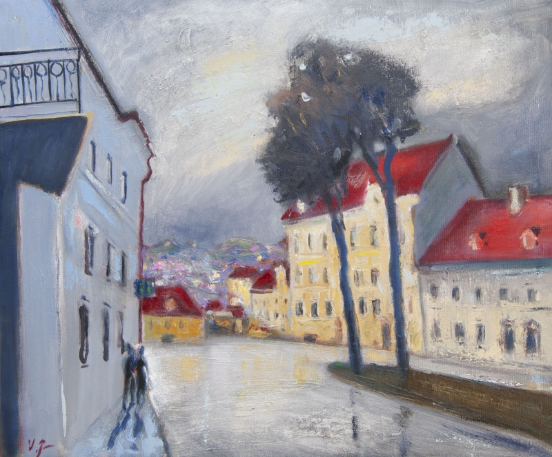 Evening Walk original painting by Vidmantas Jažauskas. Urbanistic - Cityscape