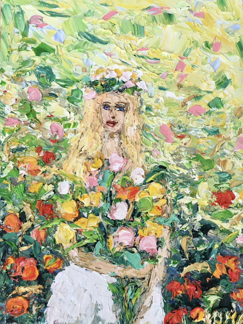 Girl with flowers original painting by Vilma Gataveckienė. Miniature