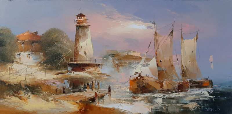 By the Lighthouse original painting by Rimantas Grigaliūnas. Marine Art