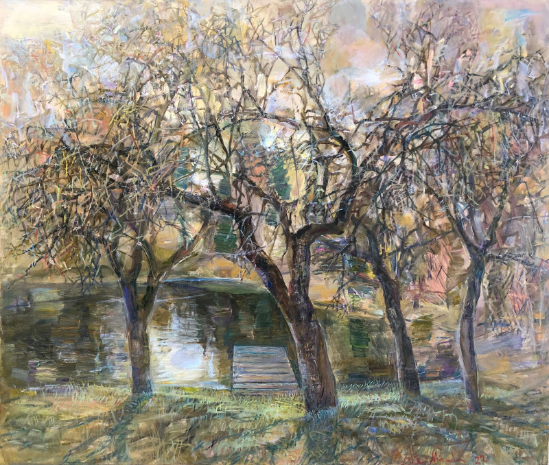 Landscape with a Footbridge original painting by Jonas Šidlauskas. Landscapes