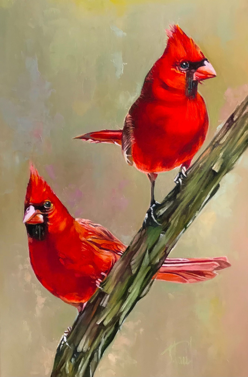 Cardinals original painting by Sigita Paulauskienė. Animalistic Paintings