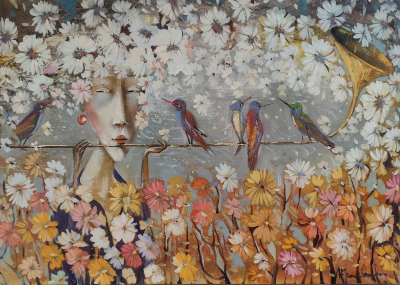 Birds Choir original painting by Alvydas Venslauskas. Animalistic Paintings