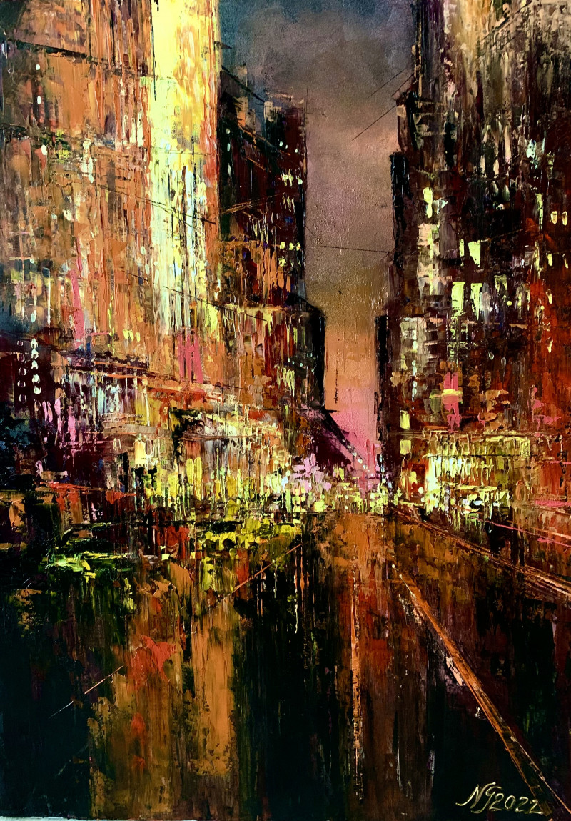 Night City Lights original painting by Nijolė Grigonytė-Lozovska. Urbanistic - Cityscape