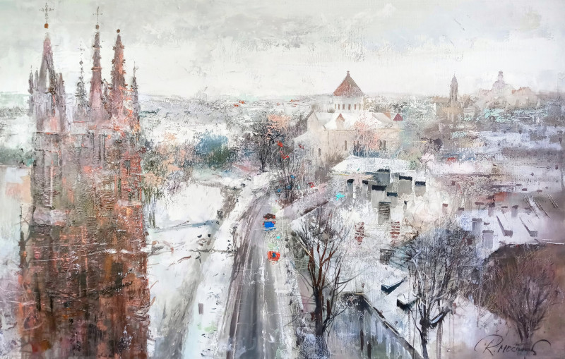 Spring will have to wait original painting by Rolandas Mociūnas. Urbanistic - Cityscape