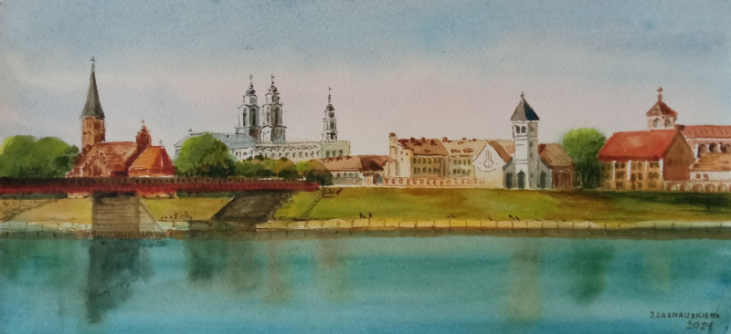 Kaunas panorama original painting by Jūratė Sasnauskienė. Urbanistic - Cityscape
