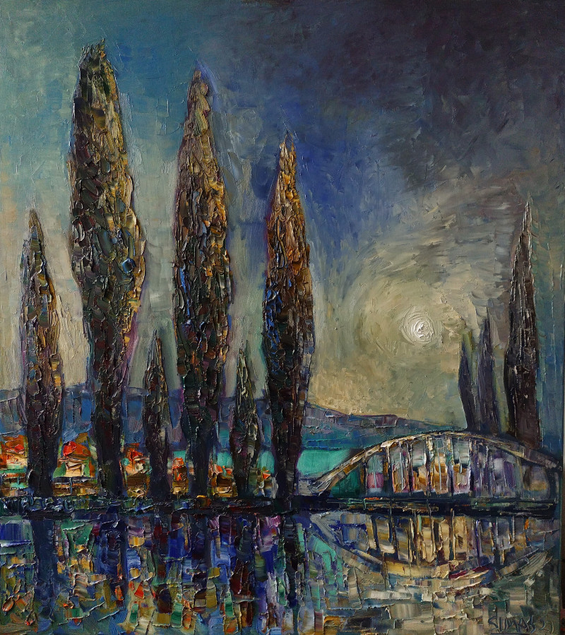 Simonas Gutauskas tapytas paveikslas Guobos prie tilto, Meno kolekcionieriams , paveikslai internetu