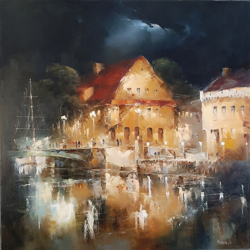 Old Town original painting by Rimantas Grigaliūnas. Urbanistic - Cityscape