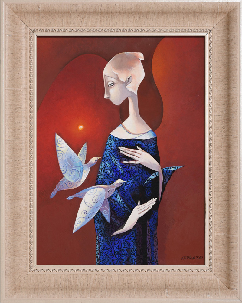 Blue Angel with Red Wings original painting by Aurika. Fantastic