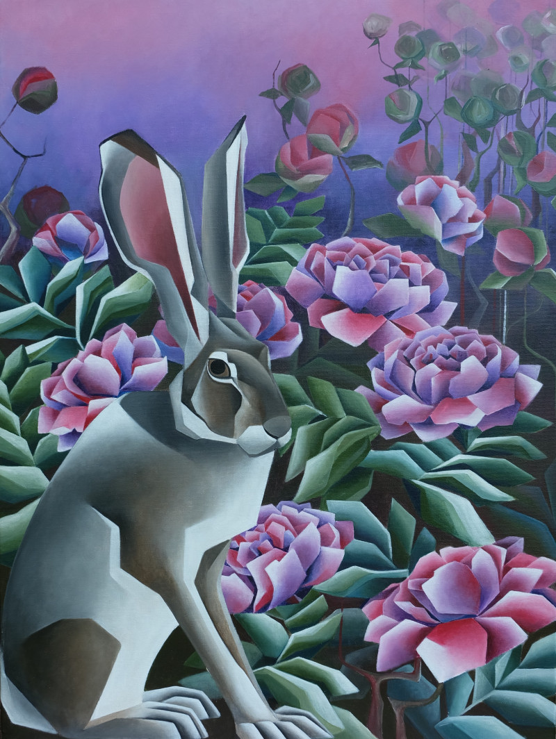 Hare in peonies