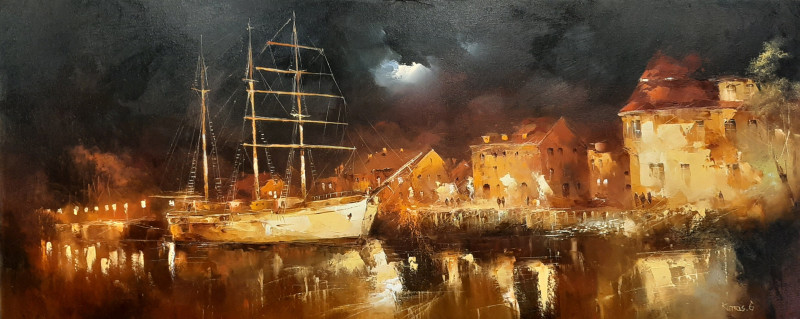 Klaipeda Sailboat original painting by Rimantas Grigaliūnas. Marine Art