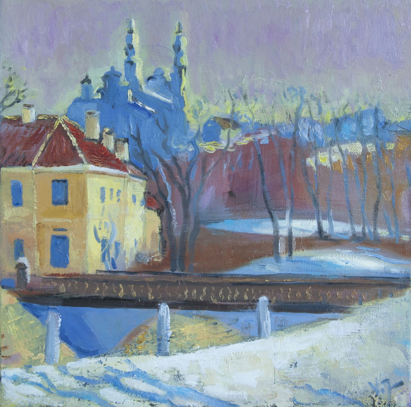 At the Uzupis Bridge. March original painting by Vidmantas Jažauskas. Landscapes