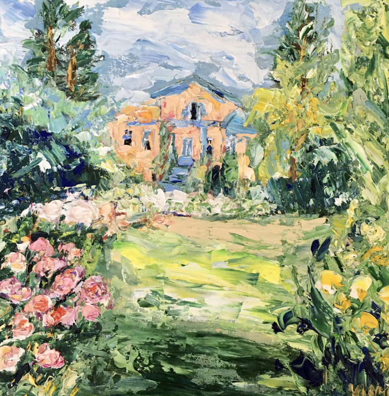 House in the Flowering Garden original painting by Vilma Gataveckienė. Landscapes