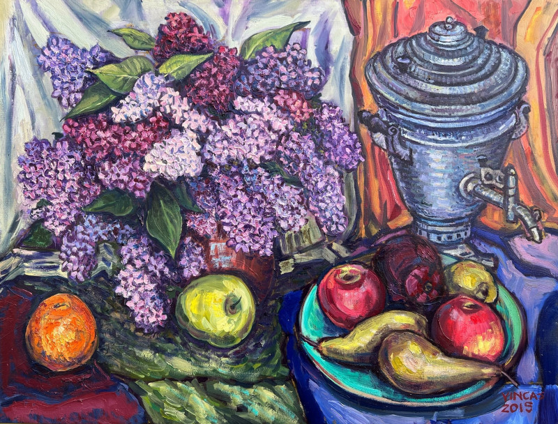 Vincas Andrius (Vincas Andriušis) tapytas paveikslas Alyvos, vaisiai ir virdulys, Natiurmortai , paveikslai internetu