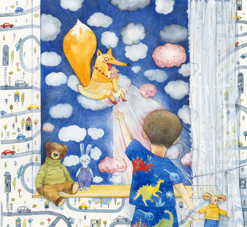 A Boy and A Fox original painting by Gražvyda Andrijauskaitė. Freed Fantasy
