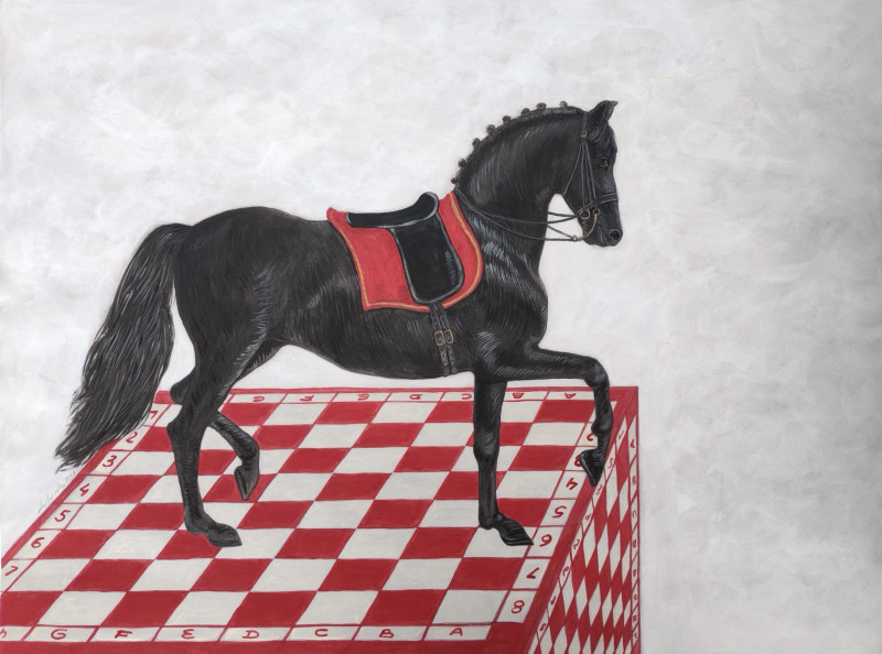 Black Horse on the Red Chess Table original painting by Natalie Levkovska. Animalistic Paintings